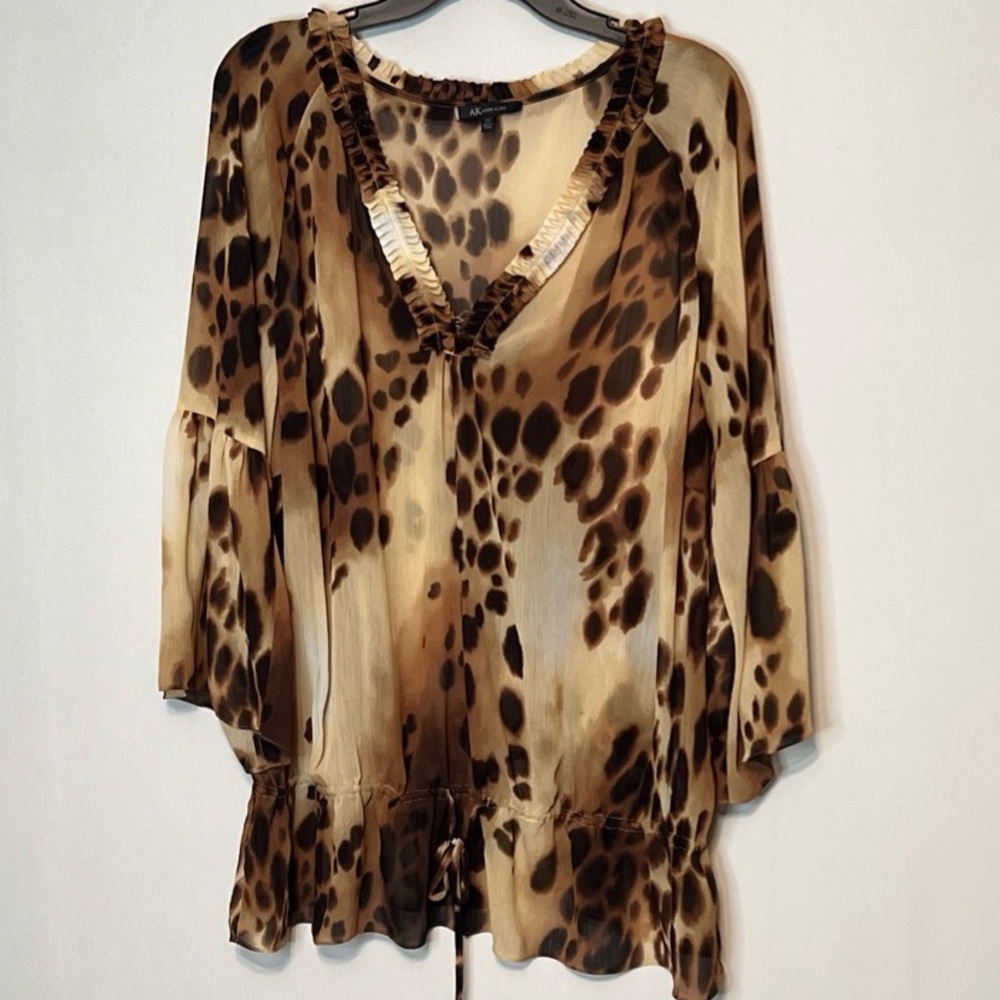 Anne Klein V-Neck Sheer Animal Print Top Drawstring Hem Women's 2X Bell Sleeves
